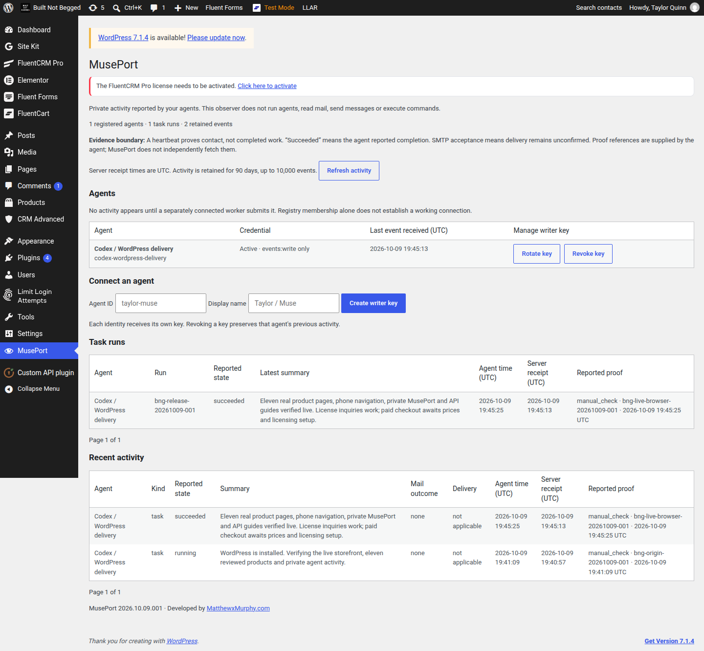 MusePort dashboard in WordPress admin: registered agents, task runs and recent agent activity